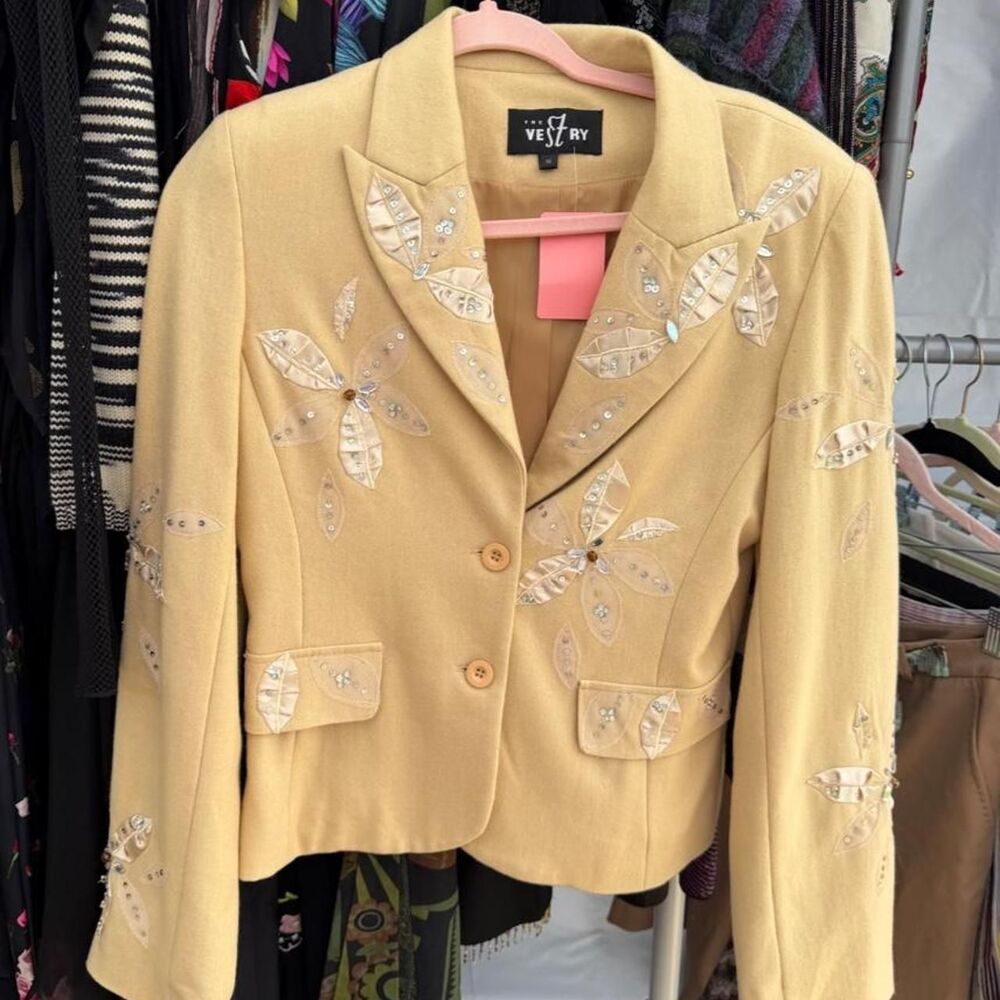 Vintage tan wool blazer with silver sequin leaf embroidery